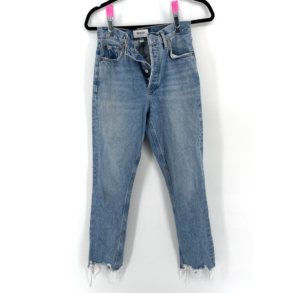 AGOLDE Riley High Rise Straight Leg Jeans Blue Womens Size 24 Rigid Hem Designer